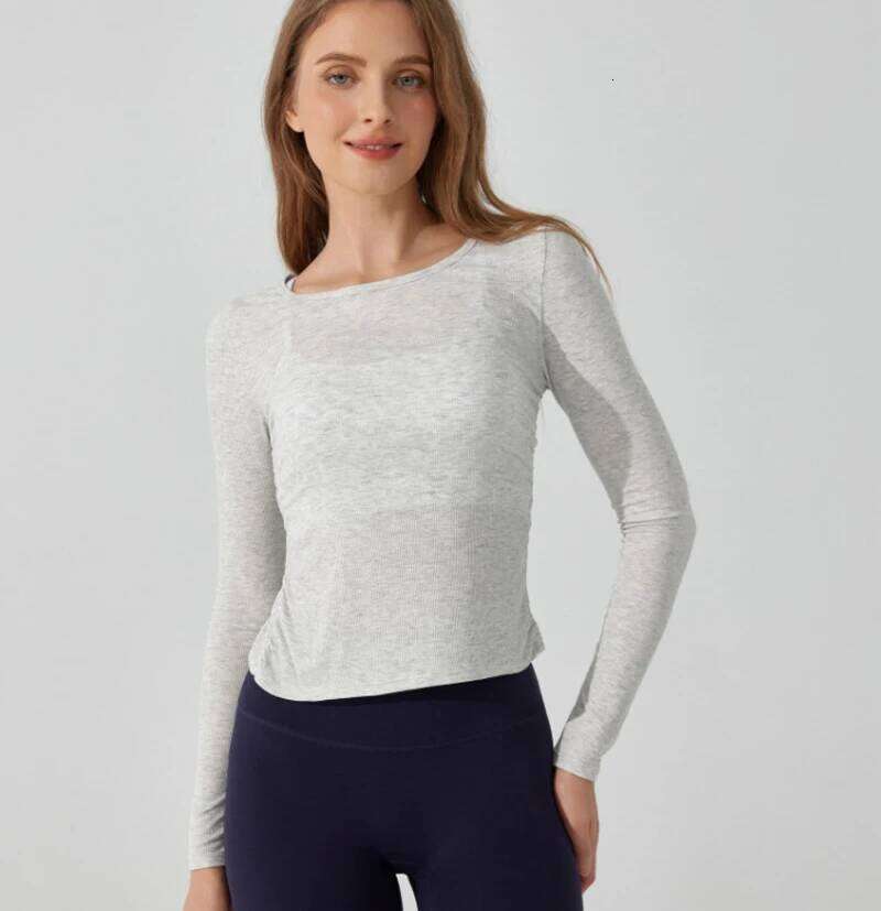 Long Sleeve Yoga Shirt Women Solid Color Slim Fit Breathable Ribbed Gym Running Top Female Sportswear Workout Clothes