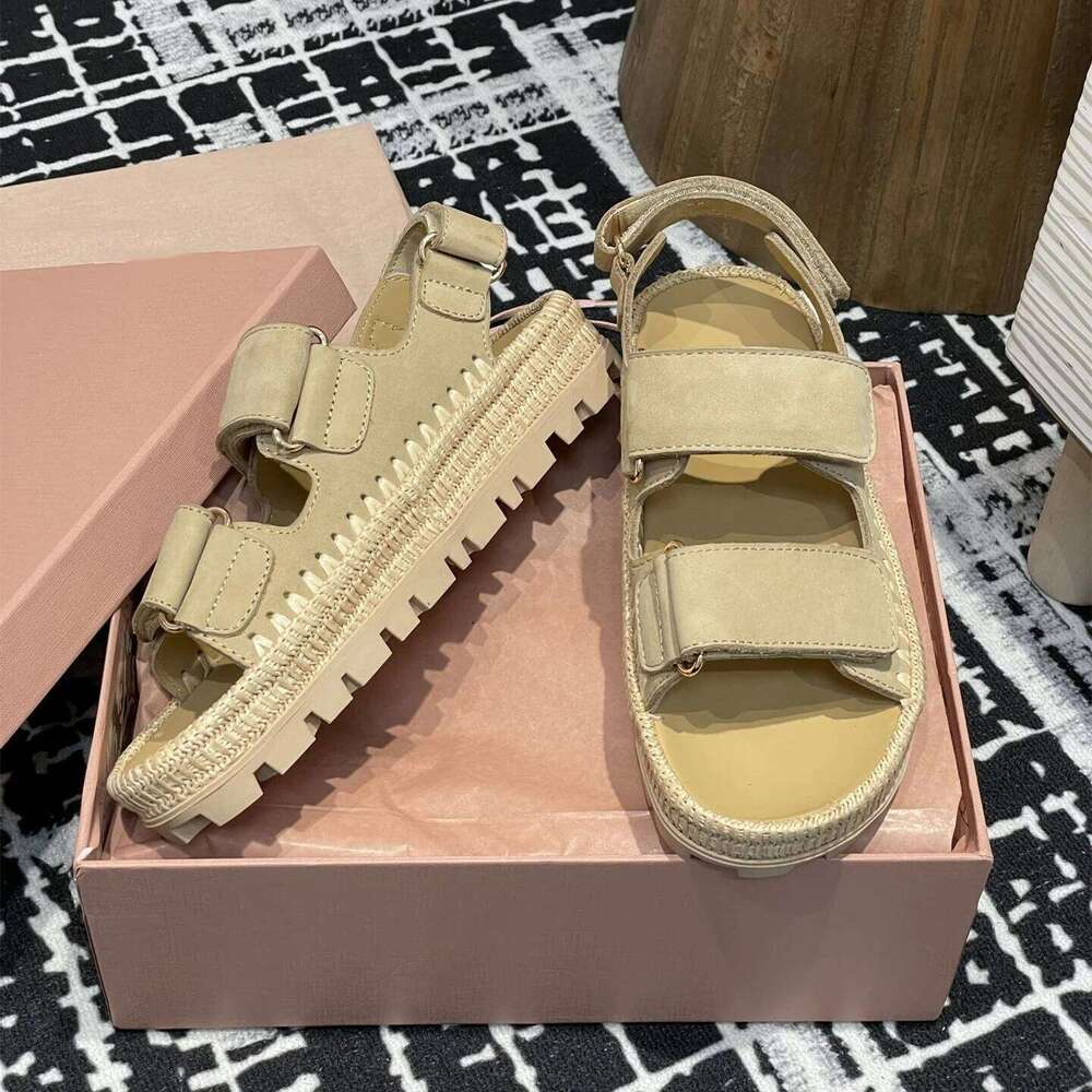 Women Size35-41 Natural Cow Suede Sandals Flat Platform Weaving Summer Flats Hook Loop Designer Shoes Zapatillas De Mujer 591