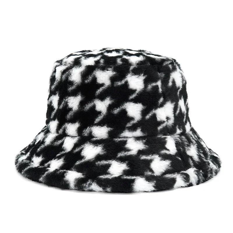 Winter Bucket Hats Fluffy Fur Men Women Panama Hat Fashion Warm Fisherman Cap Letter Rainbow Houndstooth Leopard Print 250724