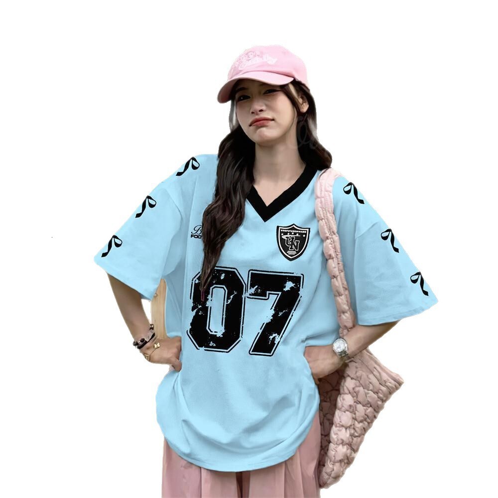 2025 High Street Leisure Sports Baseball Collar Color blocked Short Sleeve Women's Summer Loose Printed Top New Designer T-shirt