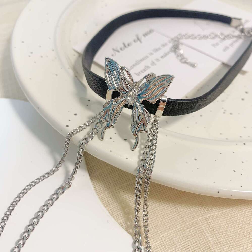 Fuxin Butterfly Tassel Necklace for Women, Niche Design, High-end Hot Girl Leather Cord Choker 6af