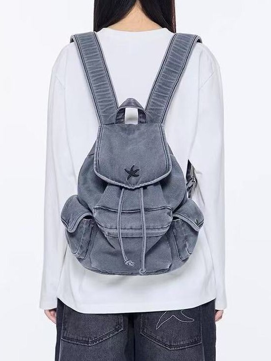 Designer Bag Large Capacity Multi-pocket Korean Vintage Starfish Denim Casual Backpack Washed Student School Bag Trendy Luxury Bag Tote Bag