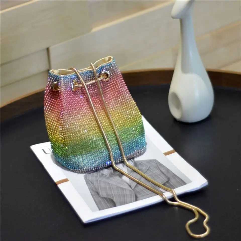 Korean Version Crossbody Bags Women Crystals Bucket Bling Fashion All-match Rainbow Mixed Colors Purse Shoulder Bags Y250730