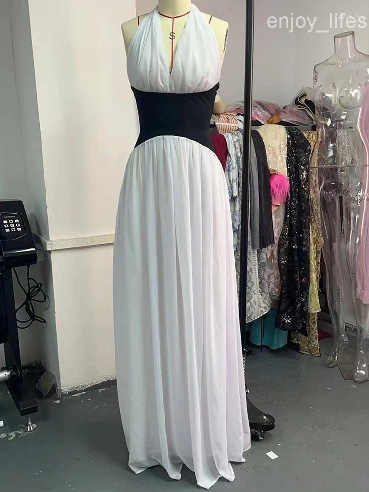 Casual Dresses Mozision Halter Deep V Neck Backless Sexy Maxi Dress Women Gown Fashion Patchwork Sleeveless High Waist Club Party Long