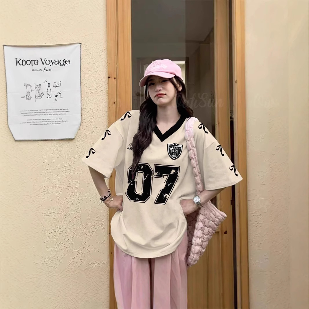 2025 High Street Leisure Sports Baseball Collar Color blocked Short Sleeve Women's Summer Loose Printed Top New Designer T-shirt