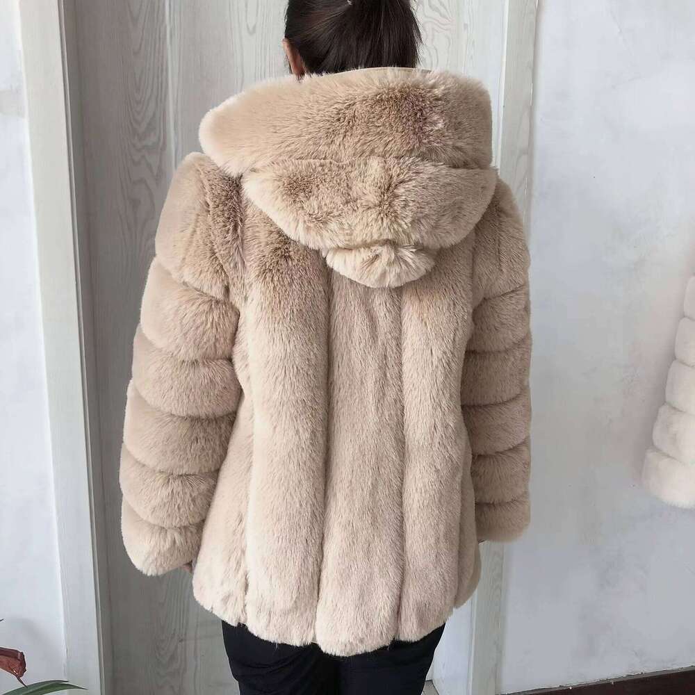 LHXDW Women's faux fur hooded coat winter warm fashion hooded fur jacket imitation fox fur fluffy coat women's clothing