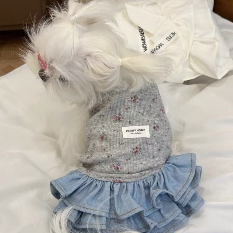 T860 New arrivals spring and summer new pet versatile denim skirt French retro style cat Yorkshire Maltese clothes