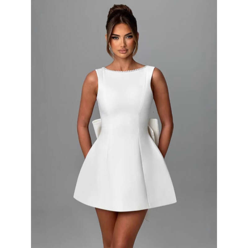 Summer Women's Pearl Bow Fashion Slim Short Backless Hot Girl A-line Dress