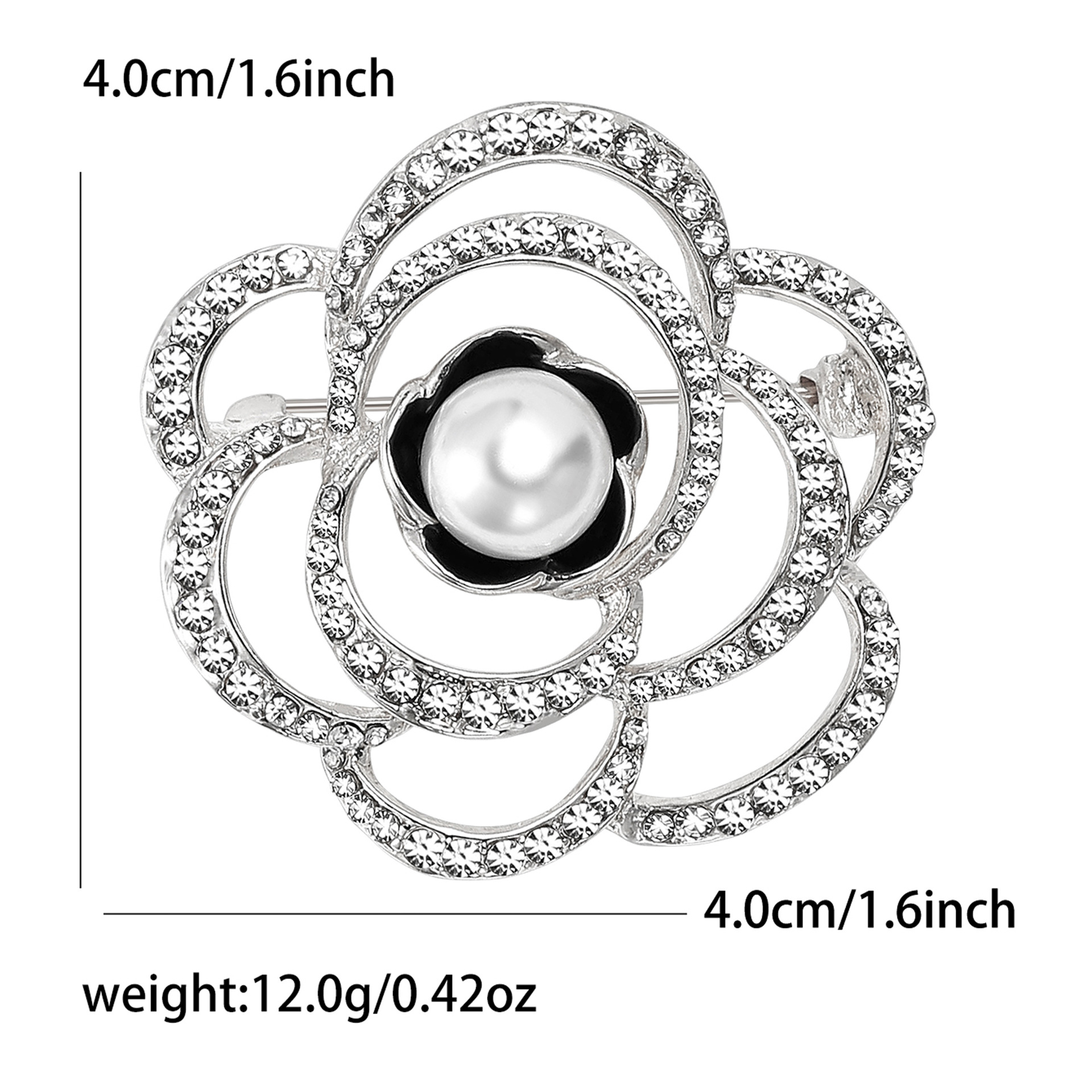 Silver Tone Rhinestone - Encrusted Camellia Flower Brooch With Pearl Center And Black Enamel Accents Elegant Party Jewelry Gift For Her High Quality J
