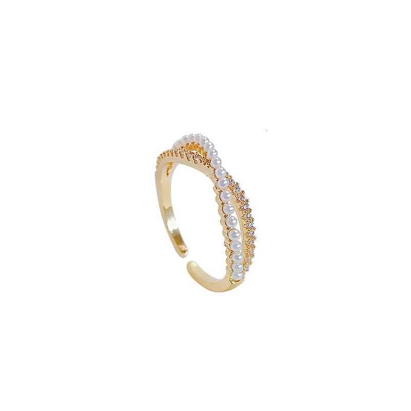 Stainless Steel Temperament Pearl and Zircon Double Layer Crossing Rings for Women Luxury Finger Jewelry Bride Gift Colorfast y250730