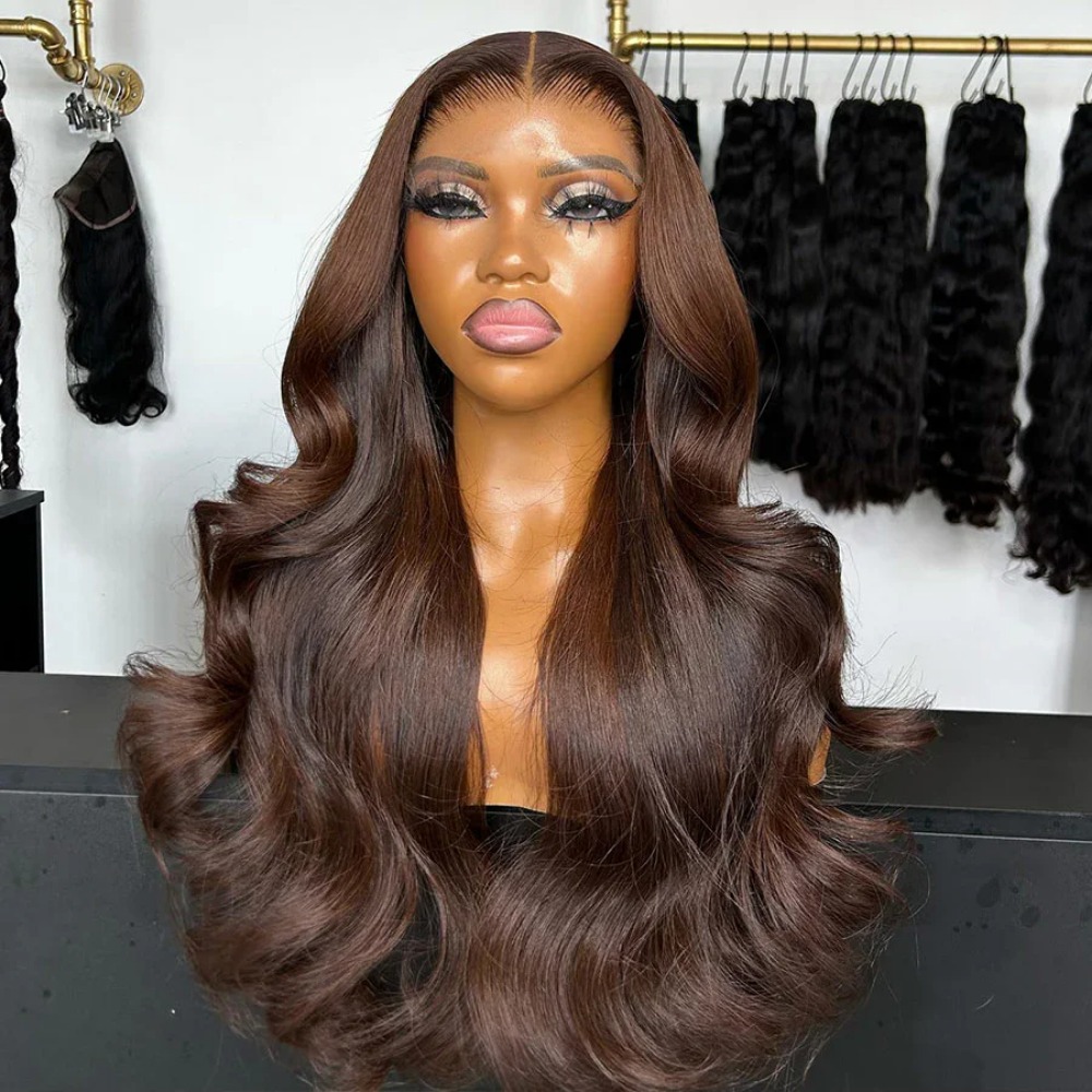 40 Inches 200% Chocolate Brown 13x4 HD Lace Front Human Hair Wigs Body Wave Wear And Go Synthetic Brazilian Colored Lace Frontal Wig For Women