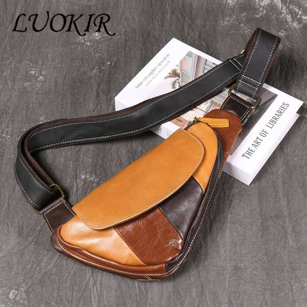 LUOKIR Men's Genuine Leather Chest Bag, Top Layer Cowhide Casual Backpack, Stylish Trendy Shoulder Crossbody Bag 250731