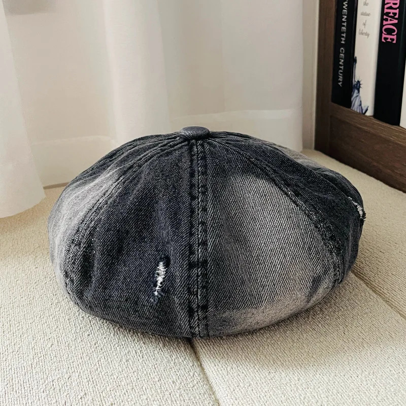 Korean Style Vintage Denim Holed Distressed Beret Hat Women Large Head Size Small Face Painter Caps Breathable Beret 250730