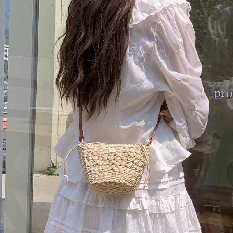 Summer Vacation Womens Straw Woven Shoulder Bags Casual Beach Ladies Small Bucket Handbags Female Drawstring Crossbody Bag Y250730