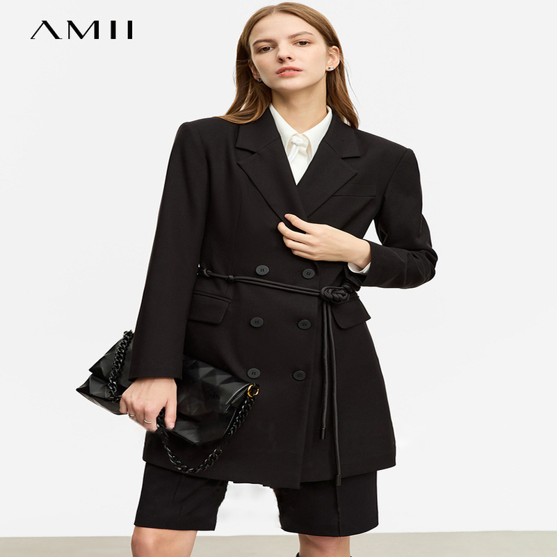 AMII Minimalist Blazer for Women Autumn Long Simple Basics Jacket with Waist Rope Slim Fit Blazers12343036 w250729