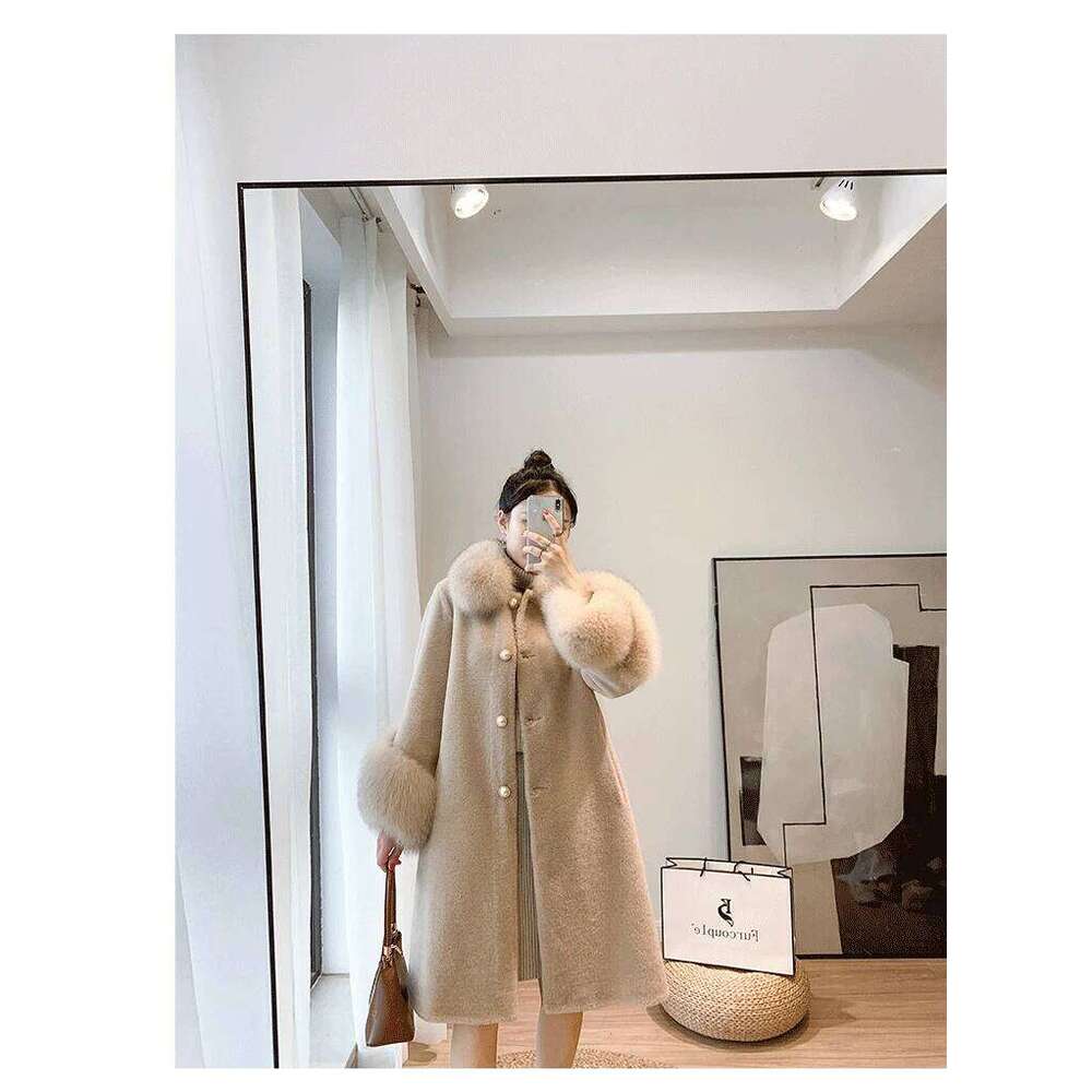 Designer Clothing FURYOUME Long Real Coat For Women Casual Jacket Sheep Shearing Wool Blends Fox Fur Collar Thick Warm Outerwear Winter New Fashion