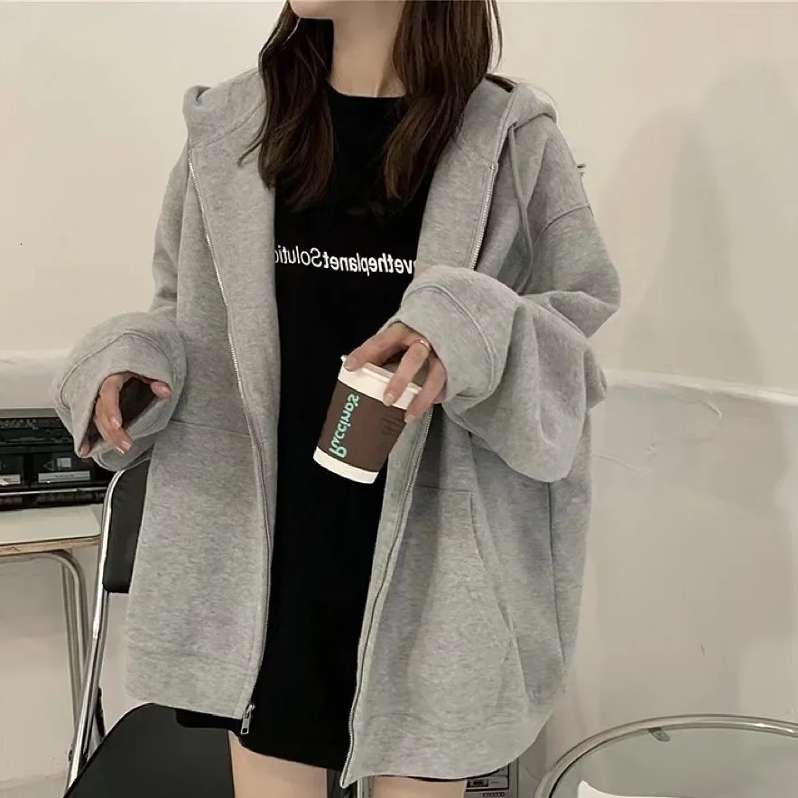 Spring Autumn Loose Lazy Style Womens Black Hoodie Fleece Lined Chic Unique Top Korean Version Jacket Sweatshirt 250731