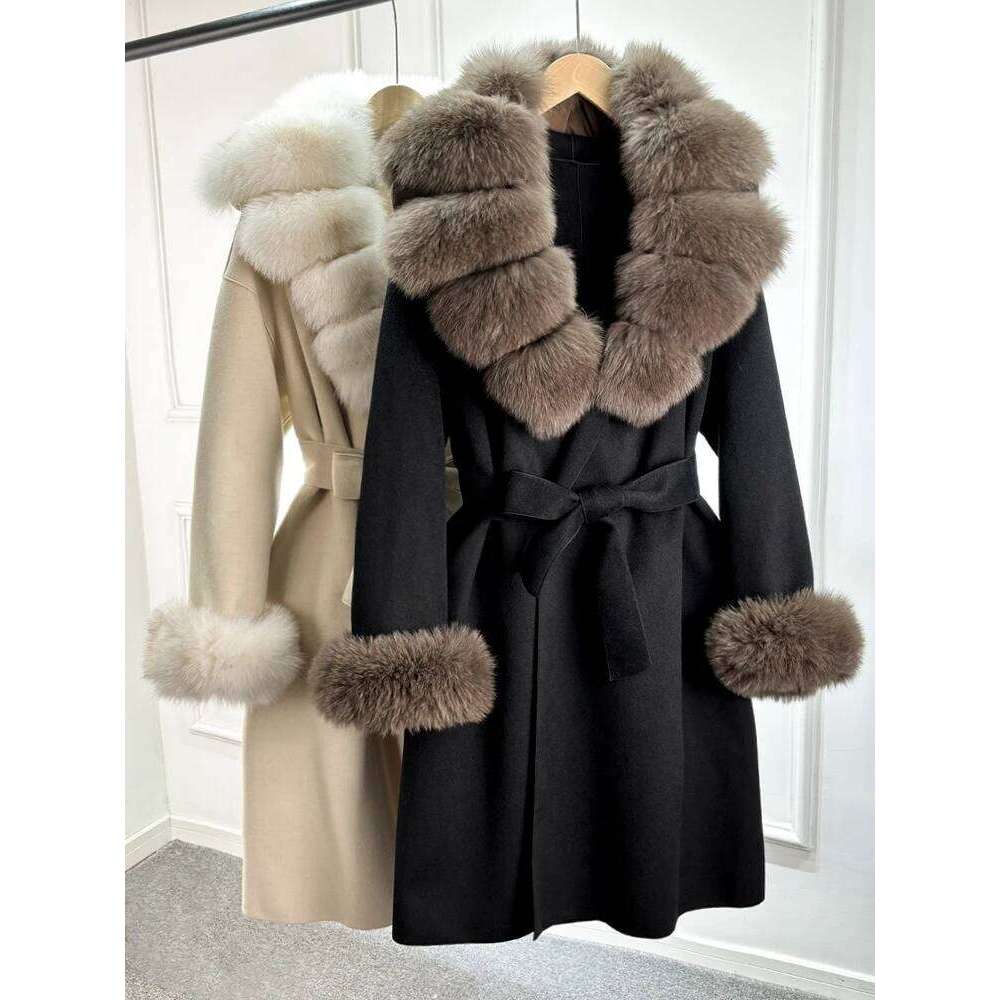 Designer Clothing Janveny 2025 New Fashion Autumn Winter Jacket Women Long Woolen Blend Cashmere Coat Belt Big Real Fox Fur Collar Warm Streetwear Fas