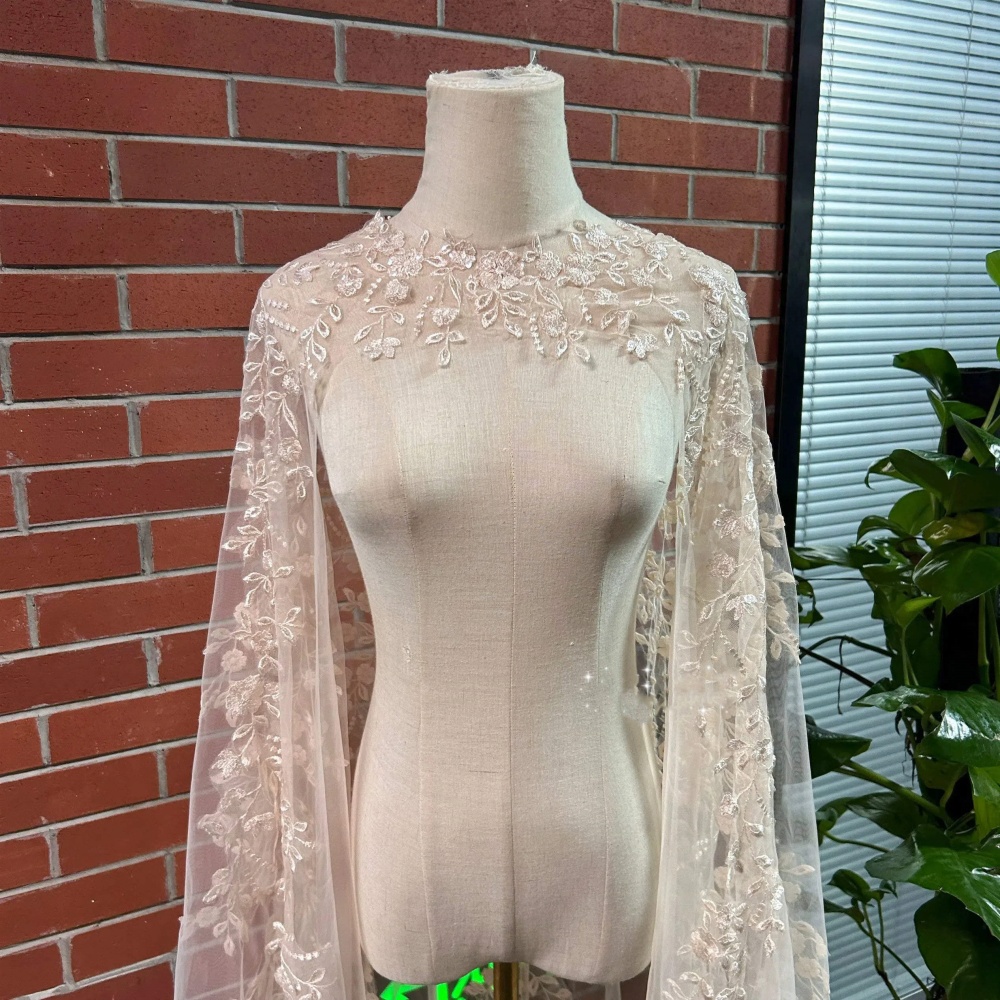 Graceful Appliques Long Bridal Wrap 3D Flowers Shawl Wedding Cape Dress Women Jacket Customized Wedding Accessories