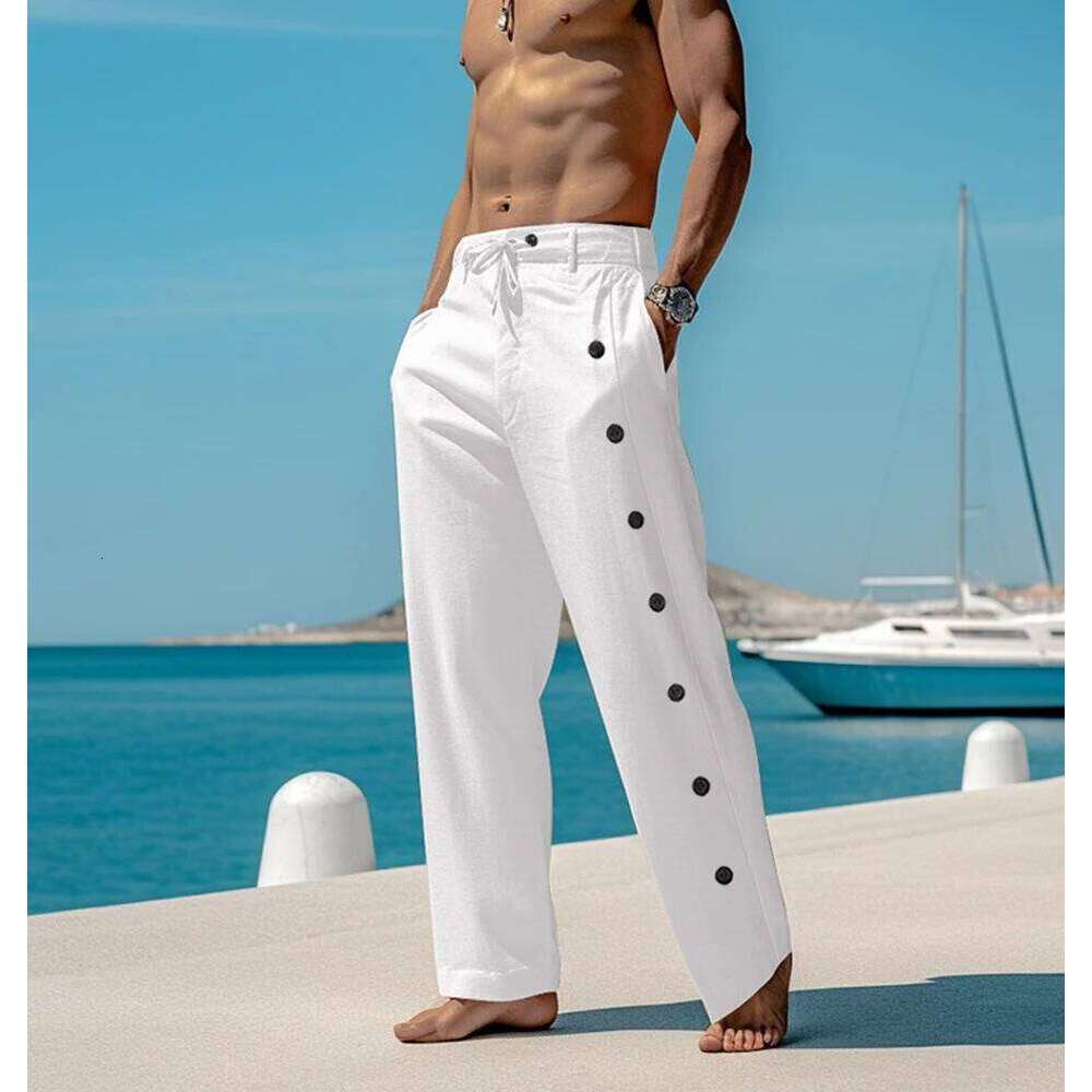 Fashion Men's Cotton Linen Casual Pants Side Buttoned Loose Ventilate Long Trousers Streetwear Spring Summer Beach Pant Male