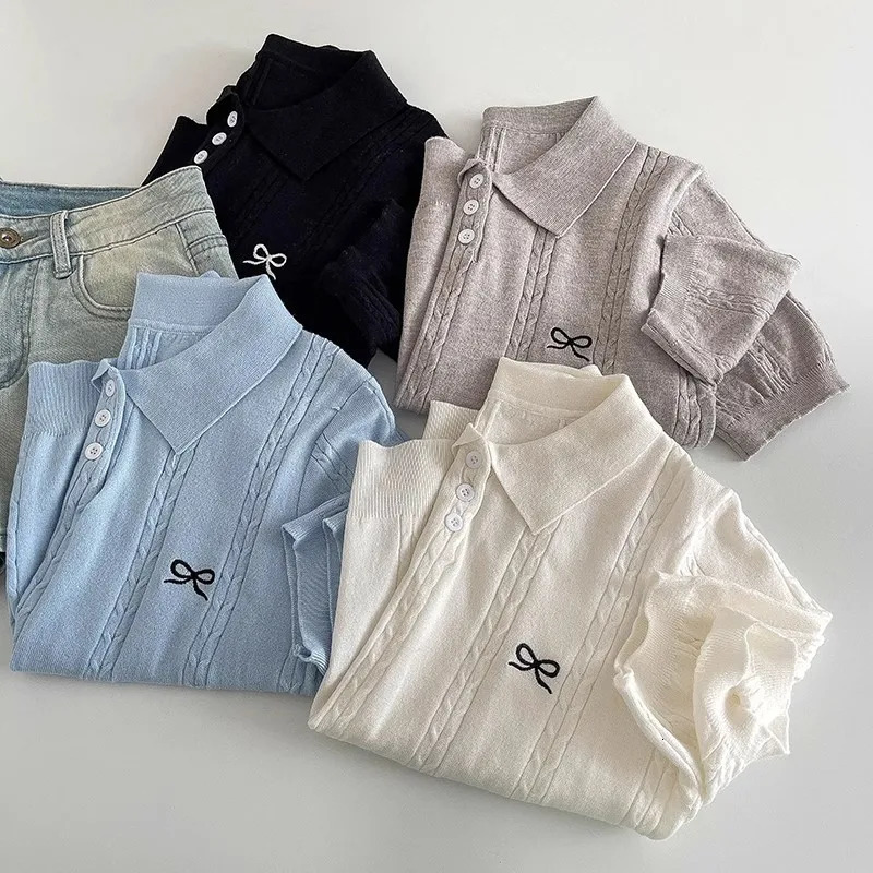 AOSSVIAO 2025 Summer Korean Fashion Slim Polo shirt Knitted Short Sleeve Tshirt Sweet Bow Embroidered Women Tops 250729