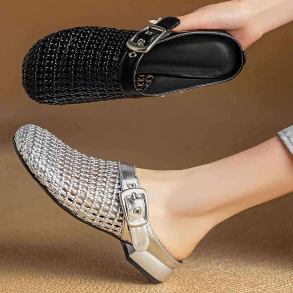 2.5cm High-End Genuine Leather Closed-Toe Mules 2025 New Spring Summer French Style Round-Toe Outdoor Flat Sandals for Women