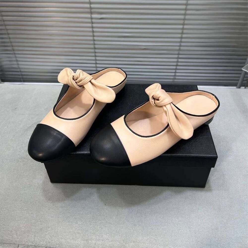 New Women Size35-41 Genuine Leather Slippers Low Heels Butterfly Knot Mules Round Toes Designer Shoes Zapatillas De Mujer 74f