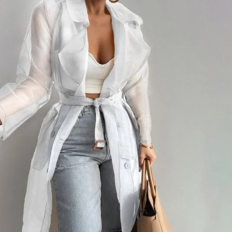 Elegant Shirts Trench Coat for Women Fashion See Through Lace Up Spring Solid Sheer Mesh Long Sleeve Buttoned with Belt 250730