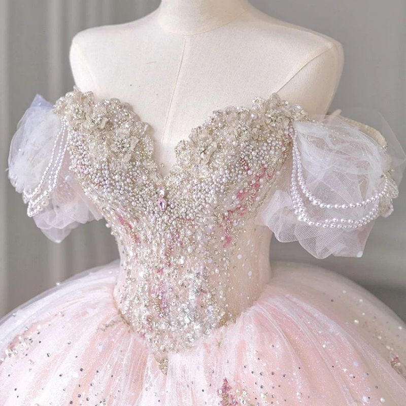 Pink Shiny Quinceanera Dresses Off The Shoulder Sequin Applique Lace Beading Crystal Tull Ball Gown Vestidos De 15 Anos Sweet 16 Dress