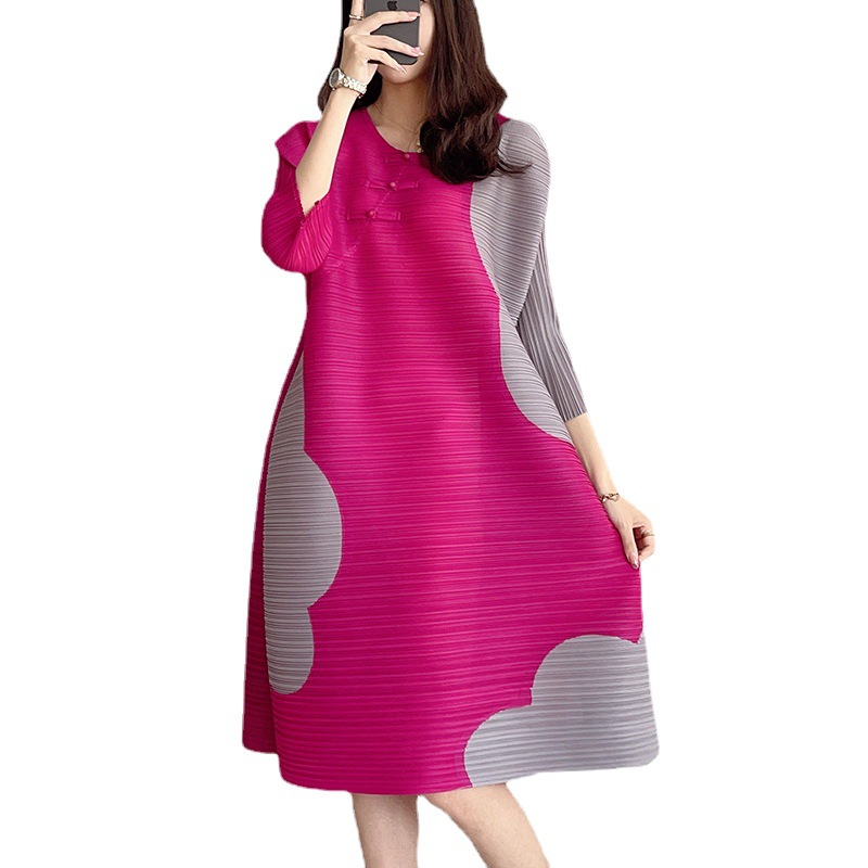 D32005 Large size splicing slimming Miyake dress women's temperament fashion spring new style