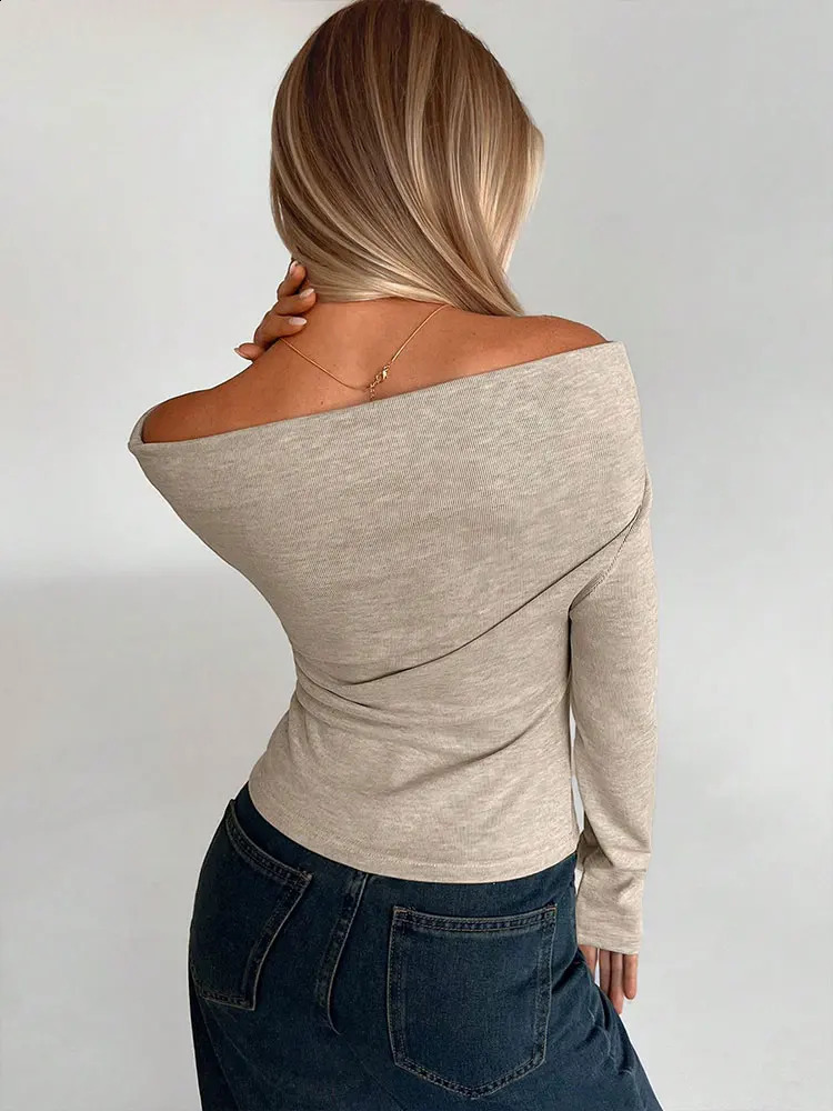 Women T-shirt Autumn Streetwear Fashion Long Sleeves Folds Casual Slim Tees Solid Sexy Off Shoulder Elegant Womens T-shirt 250725