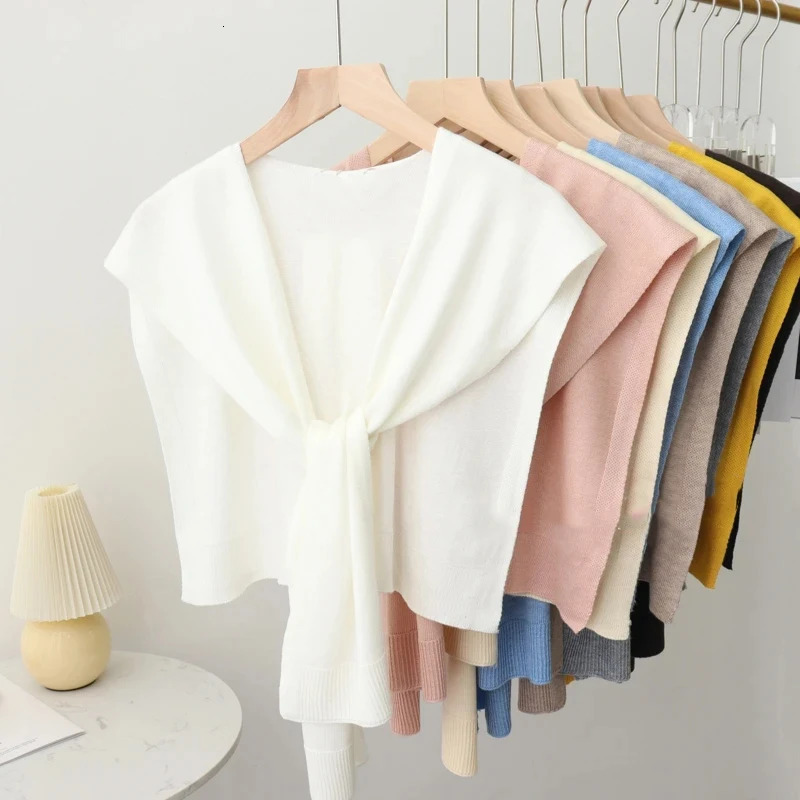 Korean Knitted Shawl Summer Air Conditioning Collar Neck Guard Thin Cape Shoulder Scarf for Women 250731