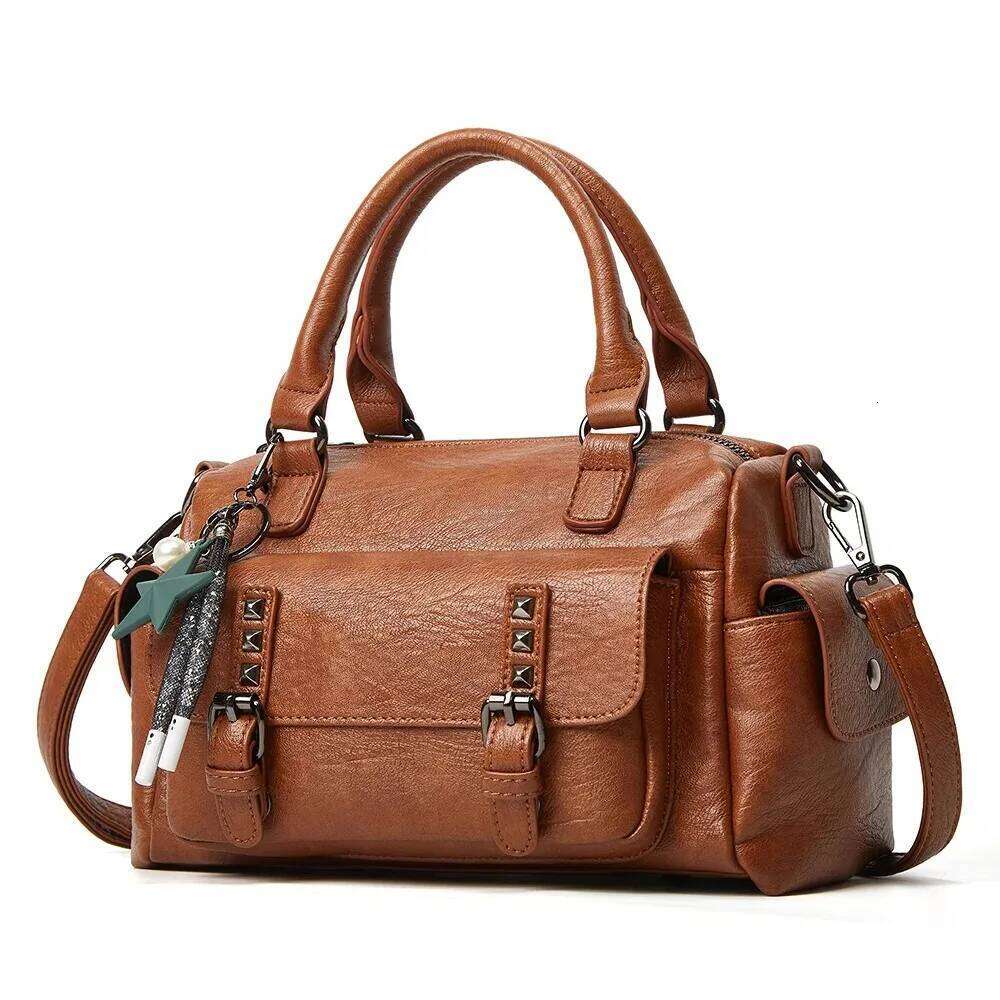 Vintage Multi-Pocket Design Leather Bolton Handbag with Pendant Tote Women's Shoulder Bag OLOEY