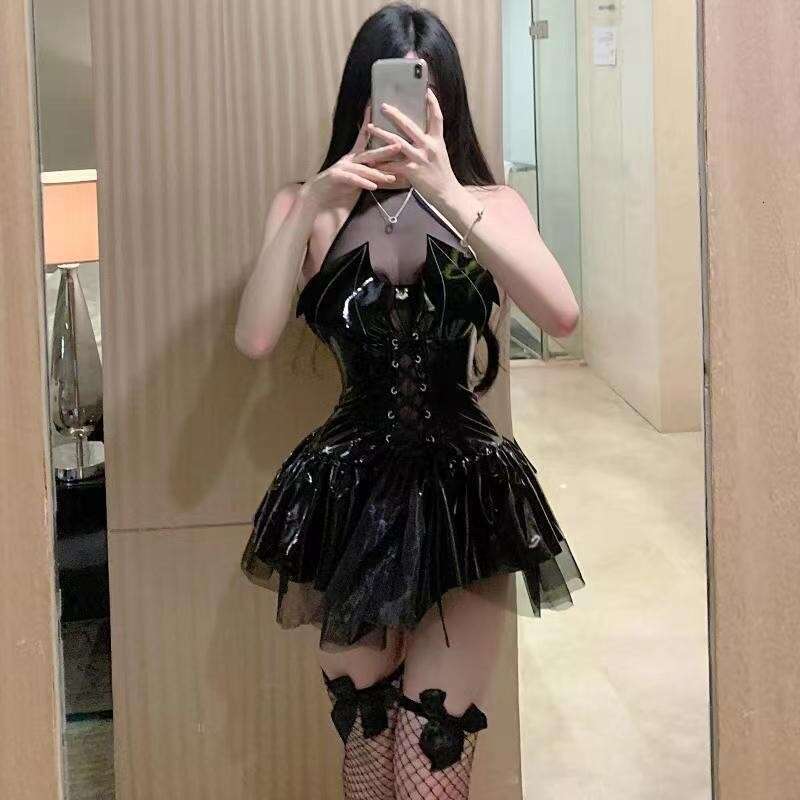 Ranshuo Sexy Lingerie Patent Devil Wings Uniform Cosplay Sheer Dress Halter Leather Jacket Set Short rompers