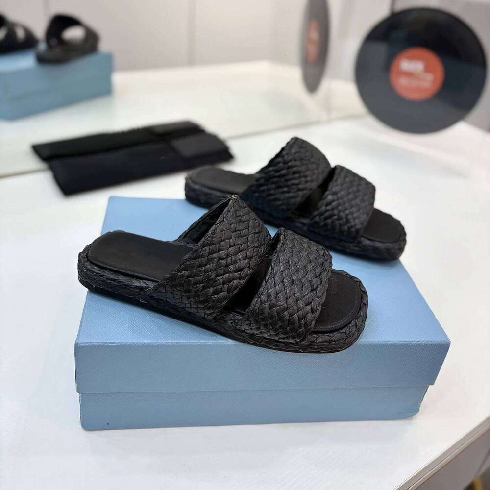 Women Size35-42 Weaving Slippers Flat Platform Summer Slides Leisure Genuine Leather Designer Shoes Zapatillas De Mujer 3dc