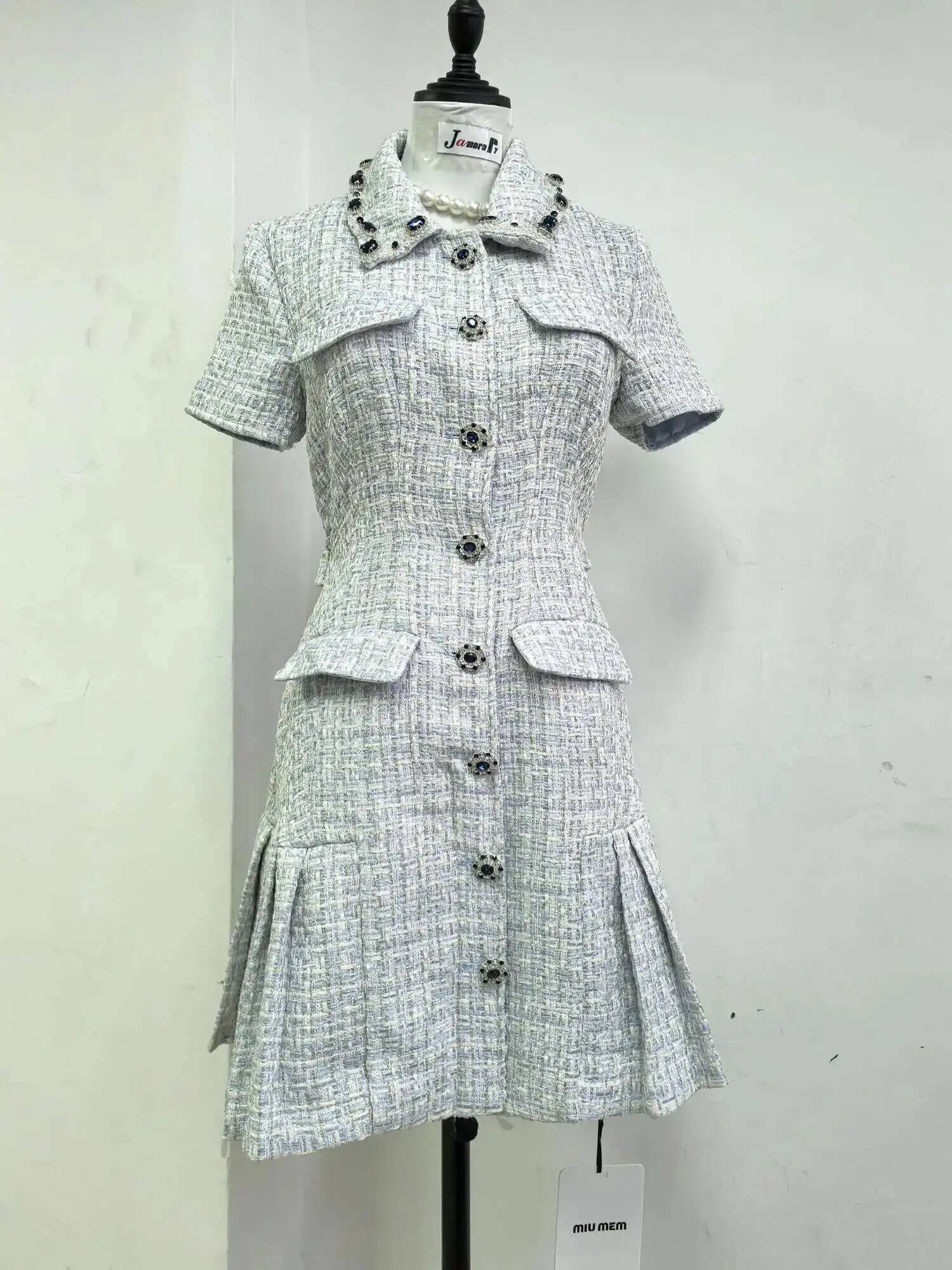 Summer Autumn Crystal Tweed Short Dress Shirt Women Sleeveless Beaded Dias Single Breasted Evening Party Dresses Lady dongdumaoyi