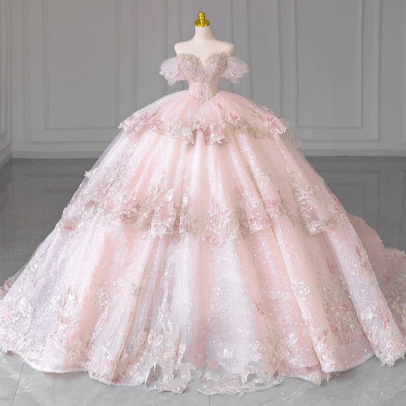 Pink Shiny Quinceanera Dresses Off The Shoulder Sequin Applique Lace Beading Crystal Tull Ball Gown Vestidos De 15 Anos Sweet 16 Dress