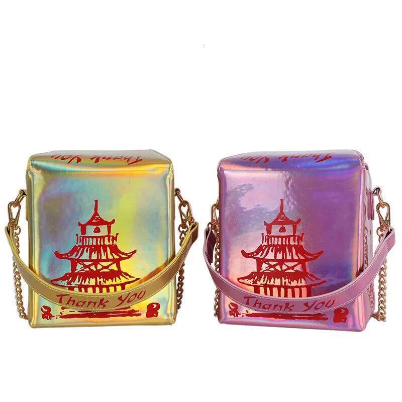 Luxury designer niche laser Chinese takeaway box women's fashion shoulder chain crossbody casual tote bag wallet