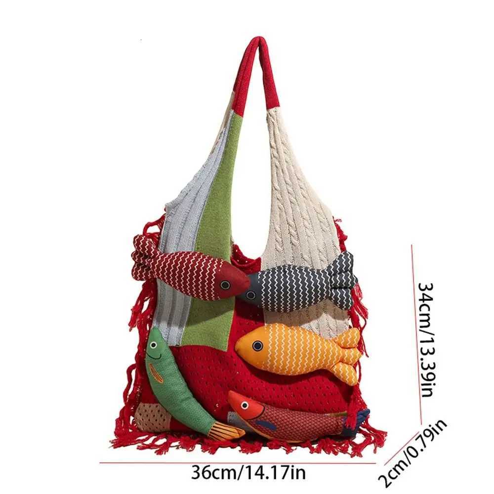 Leisure Summer Cotten Crochet Shoulder Bag Large Capacity Fish Tassels Beach Handbag Fashion Handbag Tote Bag Women Y250730