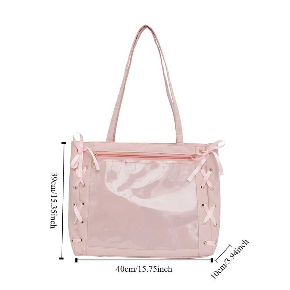 Single Badge Itabag Japanese Simple Itabag Cross Ribbon Lace-up Transparent Pocket PU Idol Aesthetic Shoulder Bag for Women Y250730