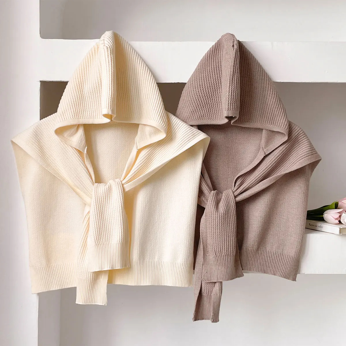 Solid Color Knitted Hooded Shawl Women Spring and Autumn Warm Capes with Shirts Fashion Outerwear Neck Protection Scarf 250731