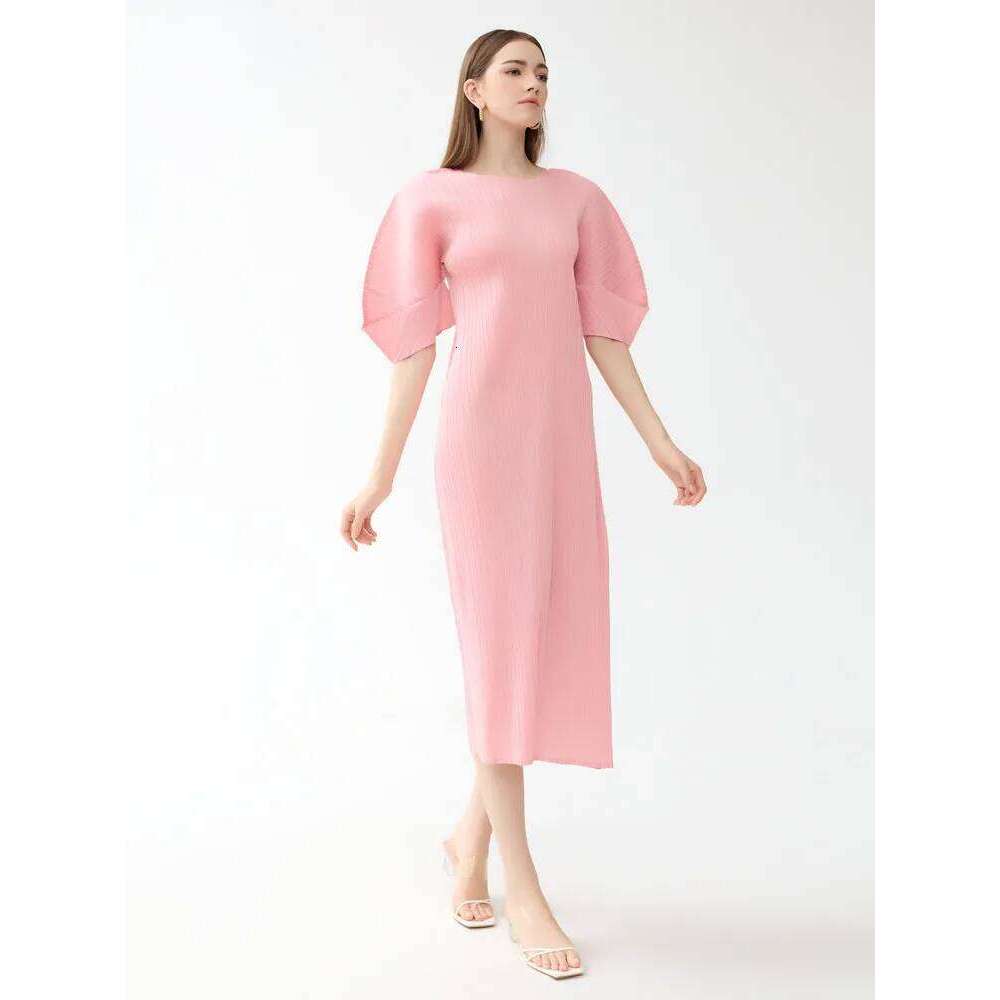Miyake Pleated Short Sleeve Women Summer New Korean Fashion Solid Color Casual Round Neck Slim Fit Long Dress