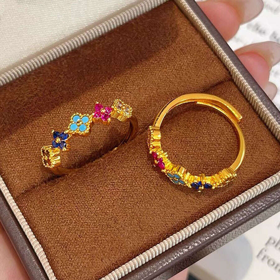 Lucky Colorful Four-Leaf Clover Women's Trendy Unique Light Luxury Summer Sweet Dopamine Rainbow Ring Exquisite