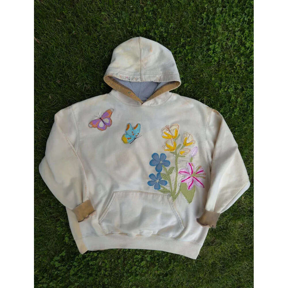 2025 New American Style Trendy Simple Floral Butterfly Print Gray Pullover Sweatshirt Top