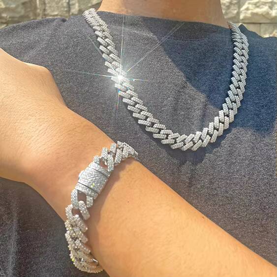 Fashion Design 2Rows Moissanite Diamond Silver Cuban Link Necklace/bracelet Chain for Rapper Hiphop Jewelry