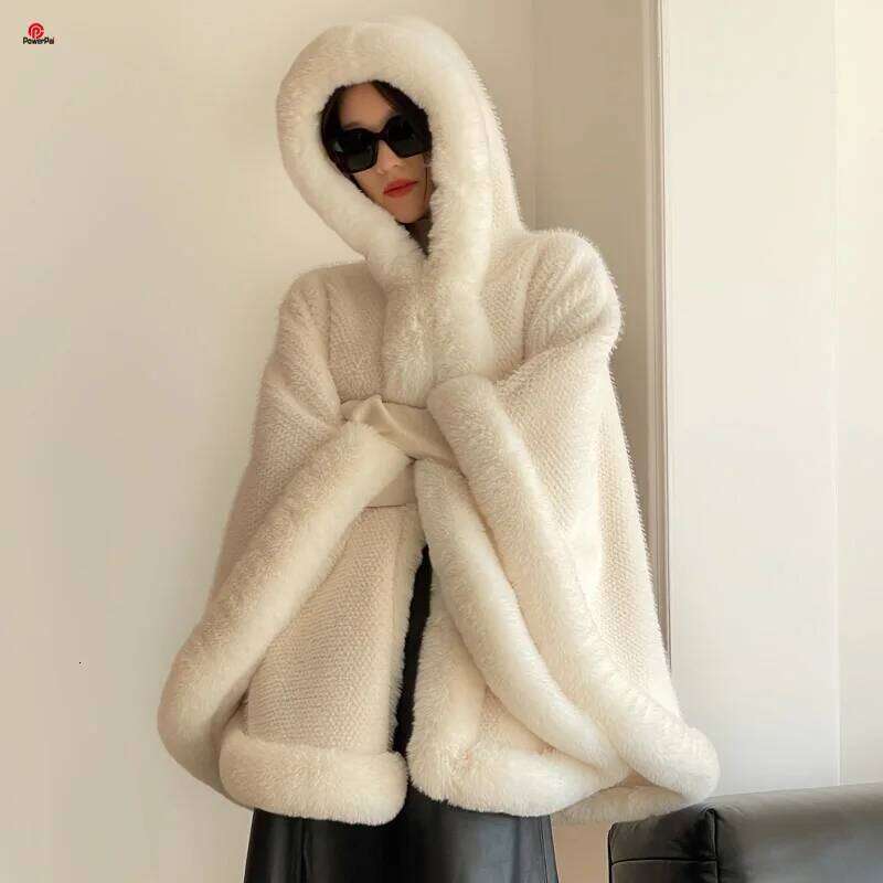 Winter New Thicken Mink Wool Full Trims Faux Fur Cape Outerwear Hood Loose Fleece Cloak Coat Women Party Dress Wraps Warm