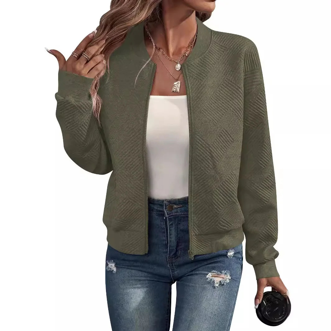 Womens autumn and winter solid color simple exquisite zipper jacket baseball collar casual 250730