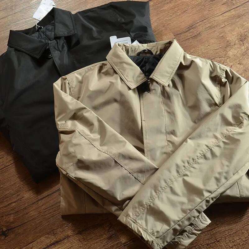 Men's Elegant Windbreaker Korean Style Simple Cotton Jacket for Warmth in Winter Medium Length Lapel Trench Coat Button Up Top