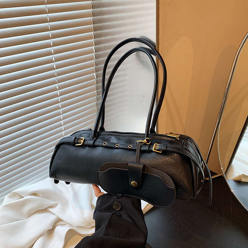 Brown leather hand-held cylindrical bag with metal decoration, single shoulder crossbody bag, fashionable and versatile, women's commuting bag