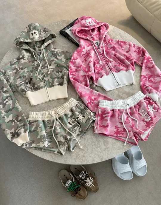 Women Harajuku Camouflage Zip Up Hoodie and Shorts 2 Piece Sets Y2k Sexy Slim Cropping Coat Sweatshirt Gothic Sport Short Suit XJ250731